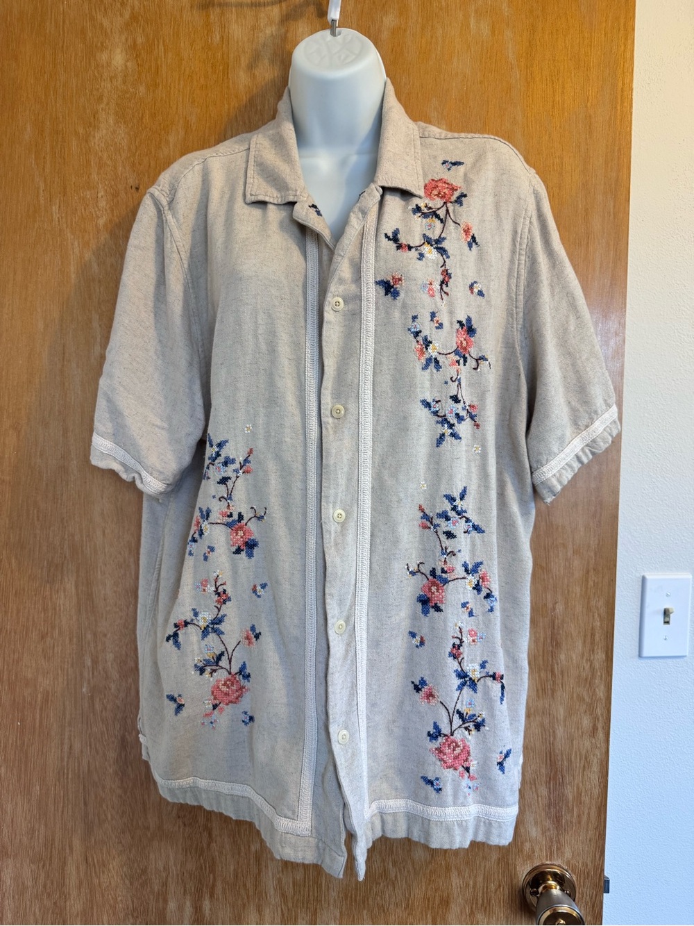 Men’s Lucky Brand embroidered, button down shirt in beige.